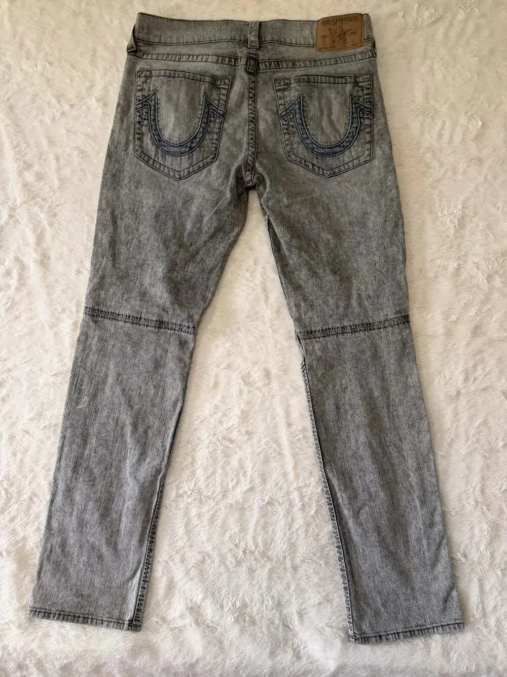True Religion Slim Runstitch Moto Jeans Grey Acid Wash 36